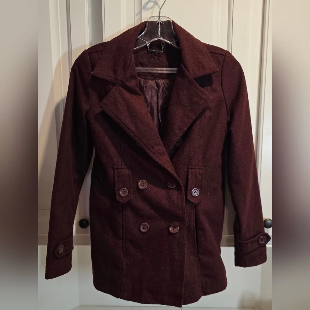 Jou Jou Girl's Pea Coat in Rich Burgundy